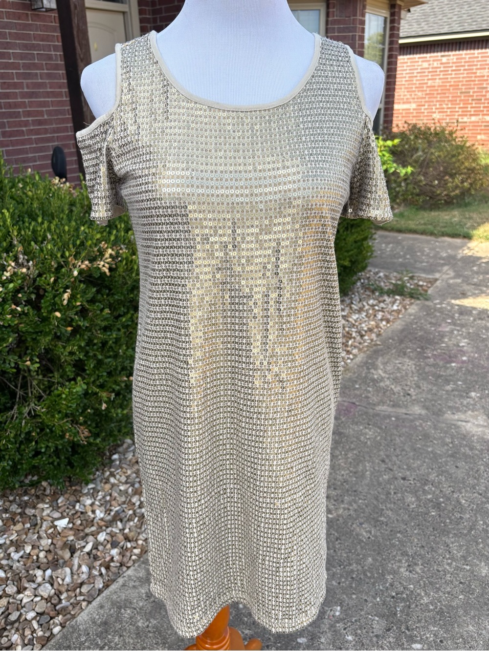 Chico's Gold Sequin Cold-Shoulder Dress